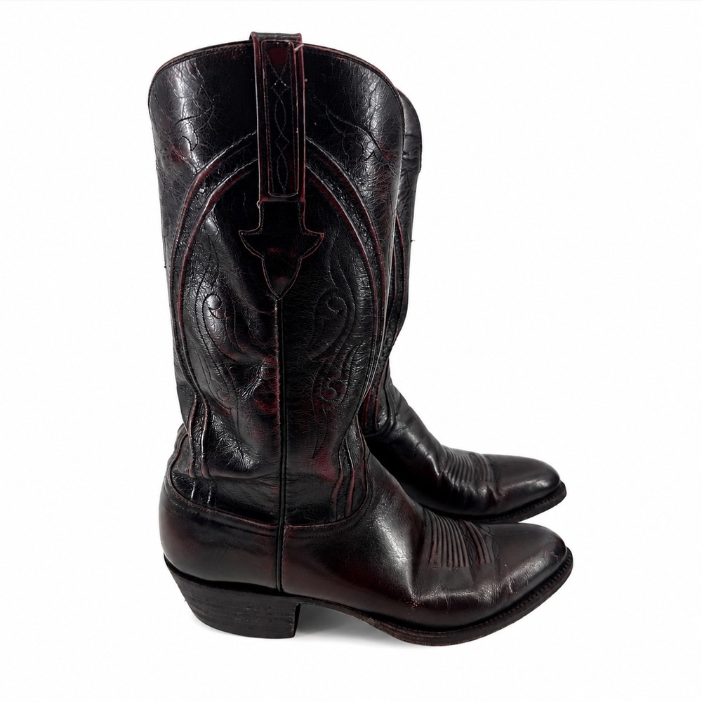 Lucchese Boots Women 10B Black Cherry Leather Western Cowboy Men 8.5 USA Vintage